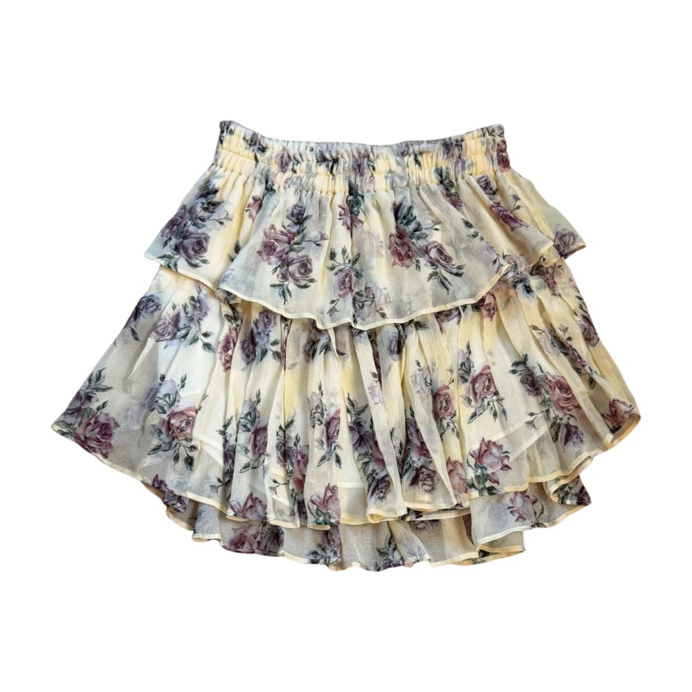 LOVESHACKFANCY Small 100% Silk Tiered Yellow skirt Floral Purple MSRP $285